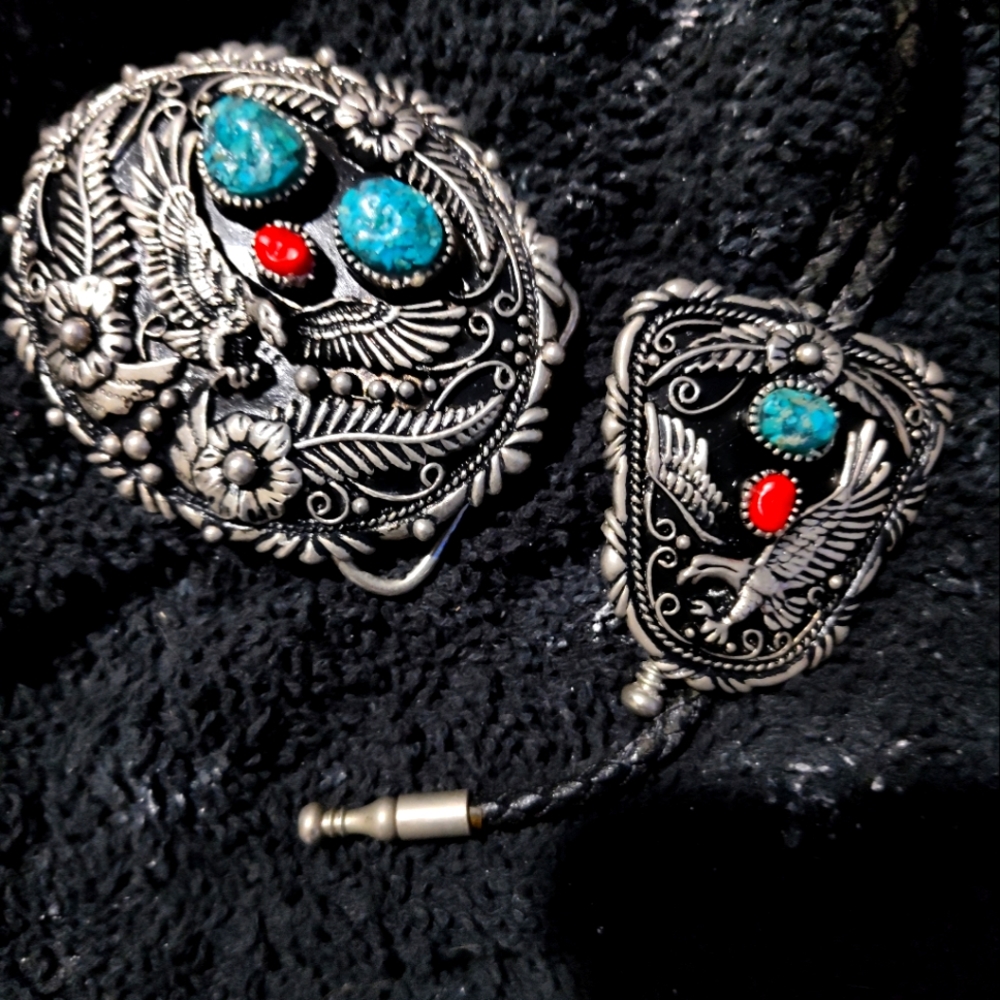 Matching neck tie with pennant and belt buckle real turquoise and ruby.